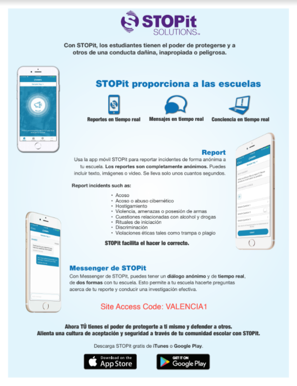 STOPit App access code poster in Spanish